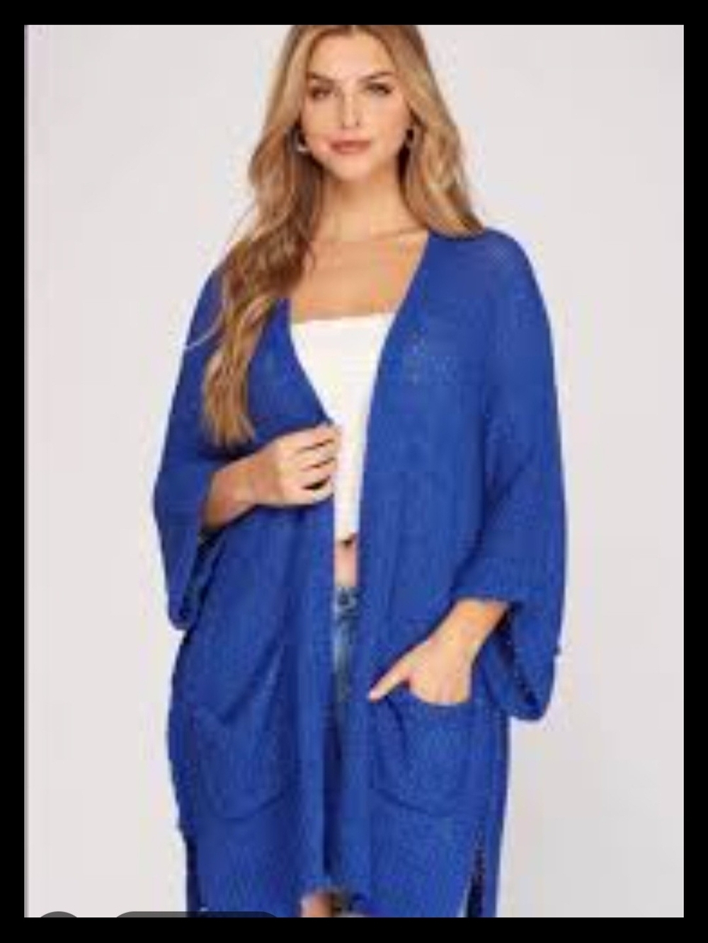 Electric Blue Open-Front Knit Poncho Cardigan